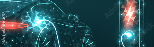 Electric car charging at station in polygon style. Sustainable transport, EV battery power, smart energy system, eco vehicle technology, future mobility concept. Vector illustration