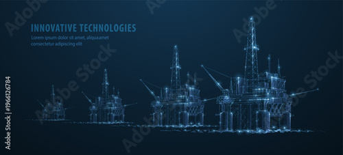 Offshore oil platform in wireframe style on blue background. Energy industry, petroleum production, industrial engineering, refinery infrastructure, future technology concept. Vector illustration