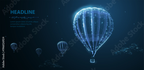 Glowing hot air balloon in hologram style on blue background. Travel adventure, tourism transport, floating flight, leisure journey, future exploration concept. Vector illustration