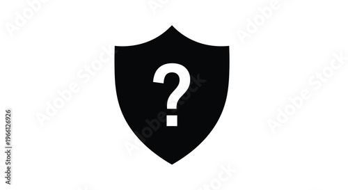 A stark black shield shape prominently displays a white question mark symbolizing uncertainty and protection high quality professional detailed modern elegant