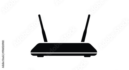 A simple black and white illustration depicts a wireless router with two prominent antennas pointing upwards high quality professional detailed modern