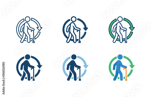 Elderly person with walking stick and circular arrow icon set