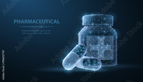 Pharmaceutical bottle with capsules on blue background. Medicine storage, healthcare treatment, drug packaging, medical research, pharmacy technology concept. Vector illustration