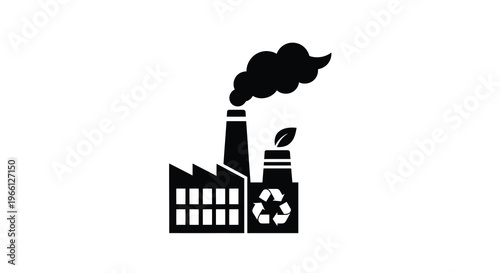 A stark black silhouette depicts a factory emitting smoke alongside a smaller structure with a recycling symbol and leaf high quality