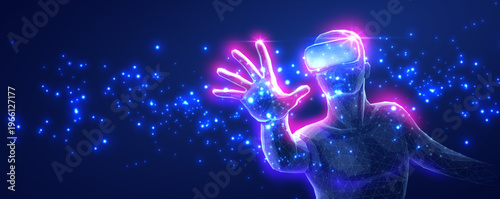 Futuristic virtual reality woman touching holographic interface on dark background. Metaverse experience, digital interaction, gaming technology, immersive future concept. Vector illustration