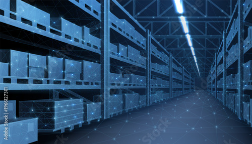 Warehouse shelves with packages in distribution center. Logistics storage, inventory management, supply chain system, industrial delivery process, warehouse concept. Vector illustration