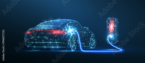 Electric car charging at station on blue background. Sustainable transport, EV battery power, smart energy system, eco vehicle technology, future mobility concept. Vector illustration