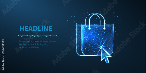 Digital shopping bag with cursor on blue background. Online retail concept, ecommerce purchase, virtual store, internet buying, smart payment, future business technology idea. Vector illustration