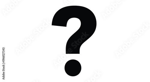 A stark black question mark dominates a plain white background representing uncertainty and inquiry in a simple design high quality professional