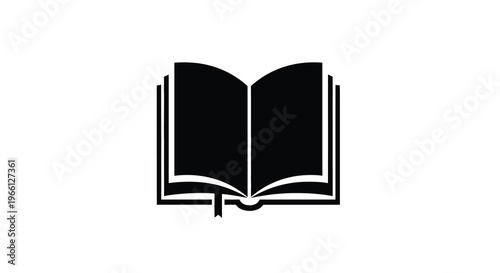 A simple black and white illustration depicts an open book showcasing its pages and spine in a minimalist style high quality