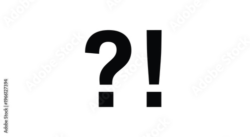 A stark white background features a bold black question mark and exclamation point side by side high quality professional detailed modern