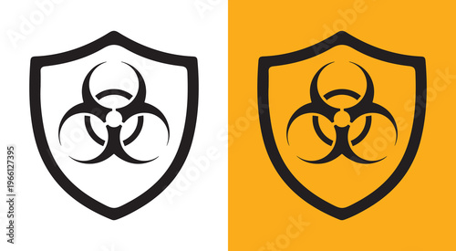 Set of biohazard warning symbols in multiple shapes including shield, triangle, diamond, circle and gear. 