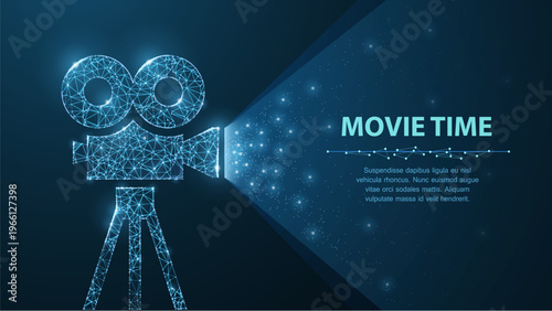 Digital movie camera projecting light on blue background. Cinema concept, film production, video entertainment, media technology, creative projection, future screen idea. Vector illustration