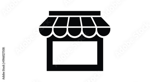 A simple black and white icon depicts a storefront with a striped awning and blank sign high quality professional detailed modern