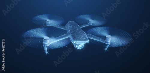 Futuristic drone in wireframe style on blue background. Unmanned aircraft technology, smart aviation, remote flight system, digital innovation, future transport concept. Vector illustration