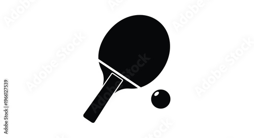 A stark black silhouette depicts a table tennis paddle and a small ball isolated on a white background high quality professional