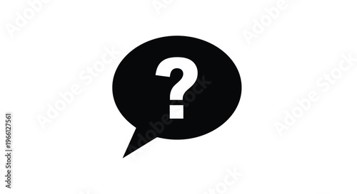 A simple monochromatic image depicts a black speech bubble containing a centered white question mark high quality professional detailed modern elegant