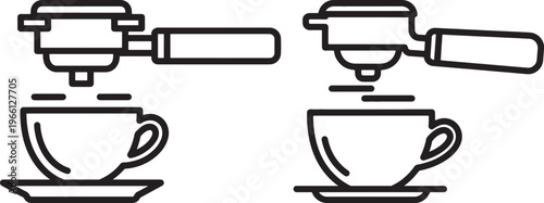 Black and white line art illustration of two espresso portafilters dripping coffee into cups