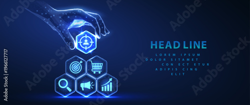 Digital hand stacking business analytics icons on blue background. Data analysis, workflow management, reporting system, smart strategy, online dashboard, future technology concept. Vector illustratio