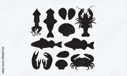 Hand drawn Seafood set. Decorative icons Squid, Octopus, salmon, oysters, scallops, lobster, red perch ,crab, shellfish and mussels. Vector illustration