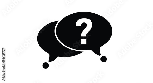 A simple black and white graphic depicts two overlapping speech bubbles one containing a centered question mark high quality professional detailed