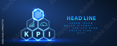 KPI blocks stacked in digital hexagon style on blue background. Business performance metrics, analytics dashboard, data measurement, strategy reporting, smart management concept. Vector illustration