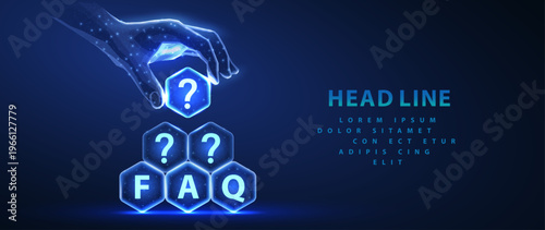 Digital hand arranging FAQ blocks on blue background. Customer support, online help, question answer service, virtual assistance, information system, smart communication concept. Vector illustration