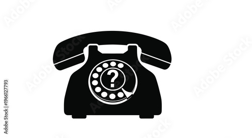 A stark black silhouette depicts a vintage rotary telephone with a prominent question mark inside the dial high quality professional detailed