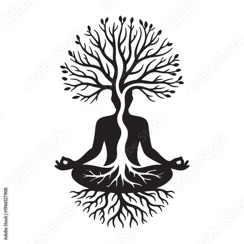 Meditating Human with Tree of Life Silhouette – Black and White Vector Illustration
