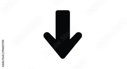A simple graphic displays a solid black downward pointing arrow against a stark white background conveying direction high quality professional detailed