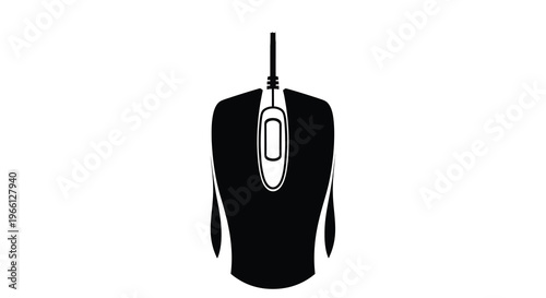 A sleek black computer mouse is displayed in a top down view against a stark white background high quality professional detailed