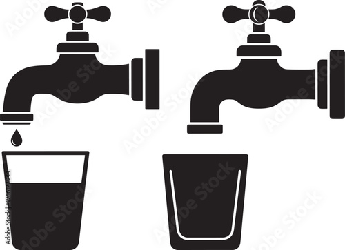 Silhouette illustration of two water taps with a glass half full and an empty glass below