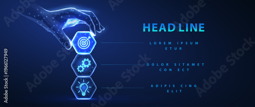 Digital hand stacking business process icons on blue background. Workflow management, automation system, strategy planning, data organisation, future technology concept. Vector illustration
