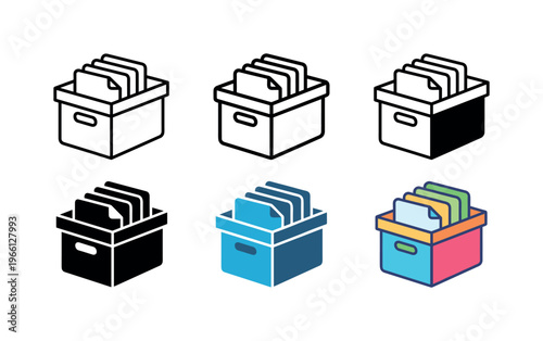 Collection of archival boxes with documents and folders in various styles