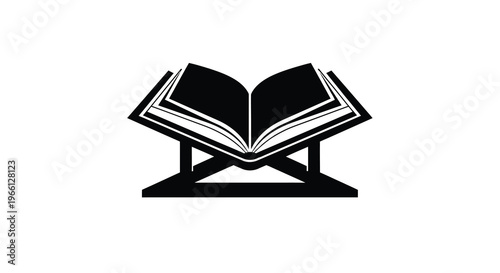 A black and white graphic depicts an open book resting on a stand symbolizing knowledge learning and education high quality professional