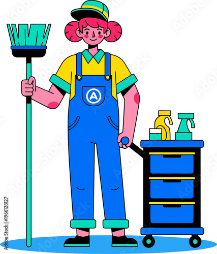 Janitor Pushing Cleaning Cart with Broom Professional Service Flat Design Vector