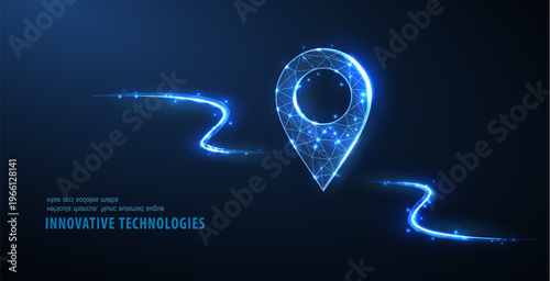 Glowing location pin with electric route line on blue background. GPS navigation, map tracking, travel guidance, digital direction, smart location technology concept. Vector illustration