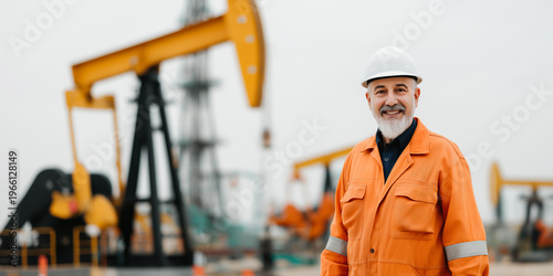 Smiling mature male worker in orange safety coveralls and helmet standing at oil field with pump jacks blurred in background under daylight. Concept of energy industry and professional workforce