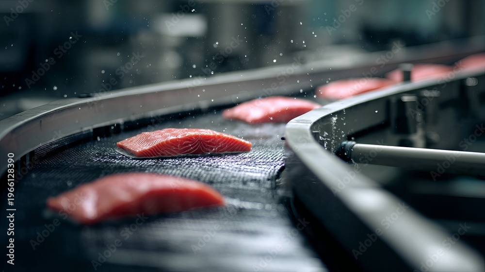 Obraz premium Raw meat patties on a conveyor belt in a food processing plant