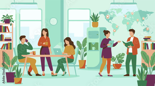 Team collaboration and global communication in a modern office