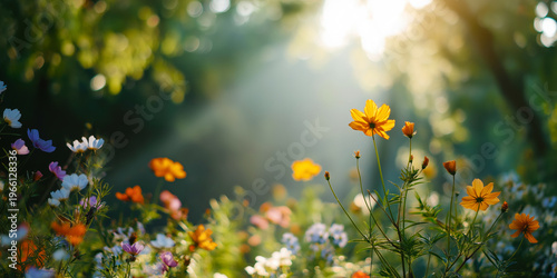 Colorful wildflowers blooming in sunlit meadow with soft golden light rays and lush green background, shallow depth of field and vibrant natural scene. Concept of summer nature and peaceful beauty