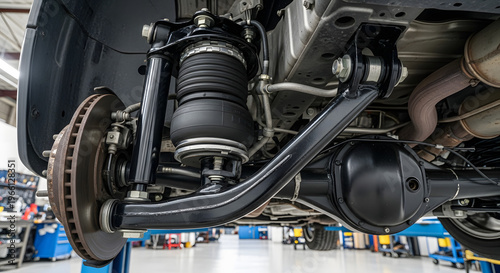 Detailed View of Car Air Suspension System and Undercarriage in Auto Repair Shop. Generative AI