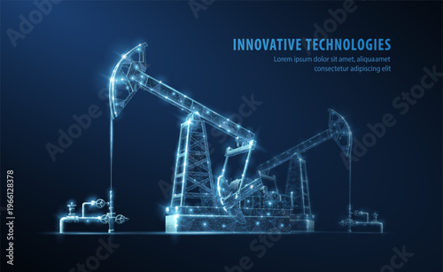 Wireframe oil pump jack on blue background. Energy industry, petroleum extraction, industrial machinery, engineering equipment, power production, future technology concept. Vector illustration