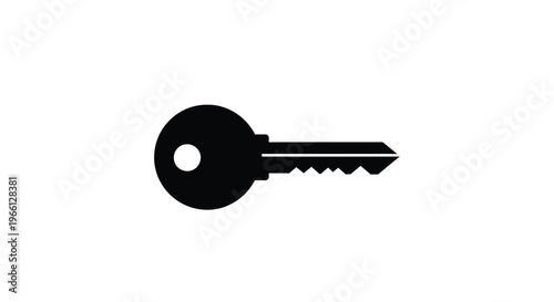 A simple flat graphic depicts a classic black key on a stark white background symbolizing access or security high quality professional