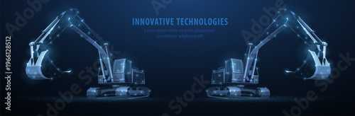 Two robotic excavators in hologram style on blue background. Construction automation, industrial machinery, engineering system, heavy equipment, future worksite concept. Vector illustration