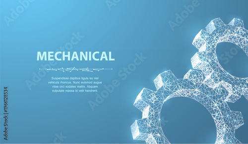 Transparent mechanical gears on blue background. Engineering system, industrial mechanism, machine parts, technical design, motion process, future manufacturing concept. Vector illustration