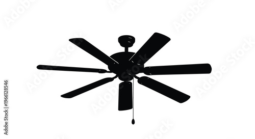 A stark silhouette of a five blade ceiling fan is presented against a plain white background highlighting its form high quality