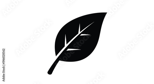 A simple black silhouette depicts a single leaf with a stem showcasing natural botanical elements in minimalism high quality professional detailed