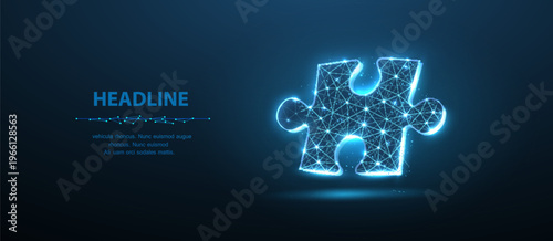 Glowing jigsaw puzzle piece on blue background. Solution concept, problem solving, strategy, teamwork, business connection, digital innovation, missing part idea. Vector illustration