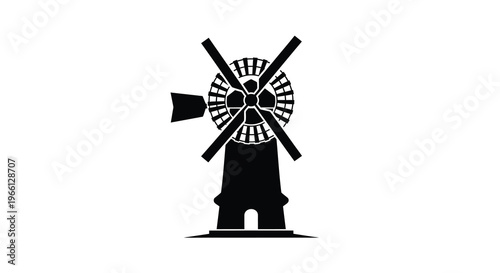 A striking black silhouette depicts a classic windmill with large blades representing traditional energy and rural scenes high quality professional detailed